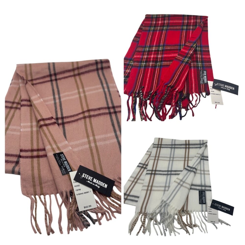 Set of 3 Steve Madden Plaid  Muffler Scarves 11”x 70”, Ivory-Made in Italy